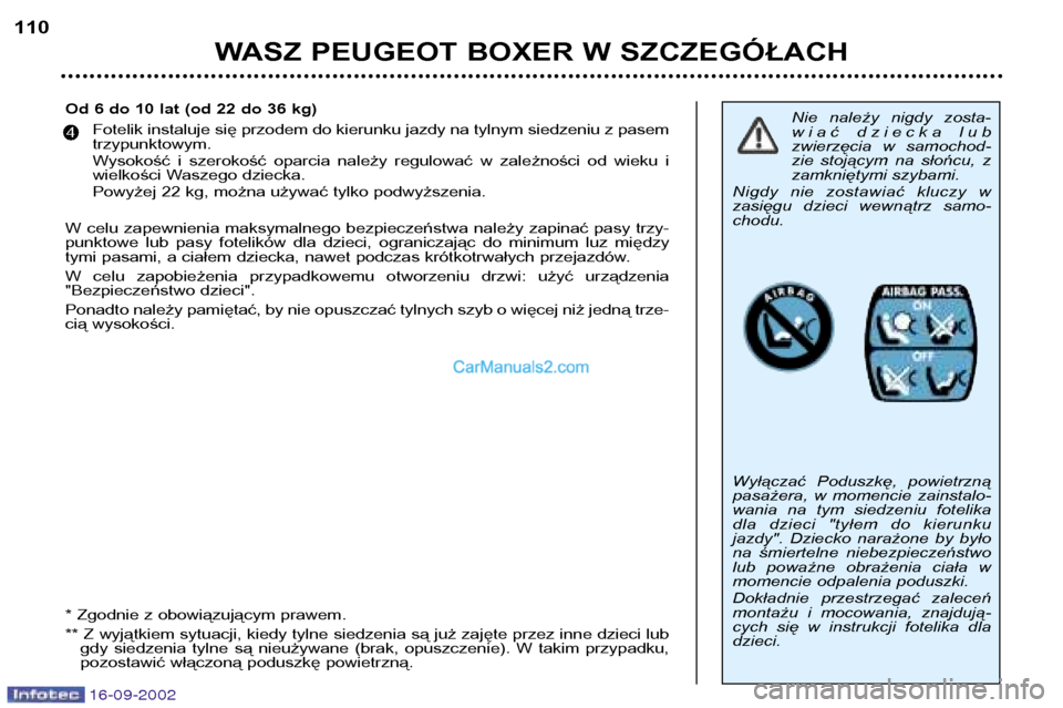 Peugeot Boxer 2002.5 Instrukcja Obsługi (in Polish) 16-09-2002
WASZ PEUGEOT BOXER W SZCZEGÓŁACH
110
Nie należy nigdy zosta-
wiać dziecka lub
zwierzęcia w samochod-
zie stojącym na słońcu, z
zamkniętymi szybami.
Nigdy nie zostawiać Peugeot Boxer 2002.5 Instrukcja Obsługi (in Polish) 16-09-2002
WASZ PEUGEOT BOXER W SZCZEGÓŁACH
110
Nie należy nigdy zosta-
wiać dziecka lub
zwierzęcia w samochod-
zie stojącym na słońcu, z
zamkniętymi szybami.
Nigdy nie zostawiać