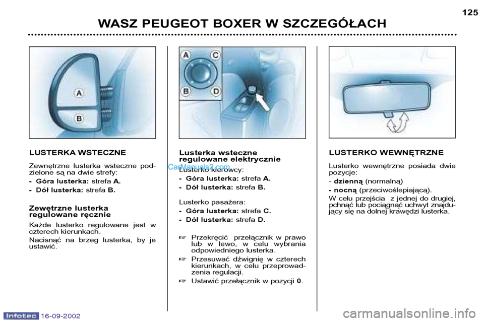 Peugeot Boxer 2002.5  Instrukcja Obsługi (in Polish) 16-09-2002
WASZ PEUGEOT BOXER W SZCZEGÓŁACH125
LUSTERKA WSTECZNE 
Zewnętrzne  lusterka  wsteczne  pod- 
zielone są na dwie strefy:  
- Góra lusterka: 
strefaA.
- Dół lusterka:  strefaB.
Zewętr