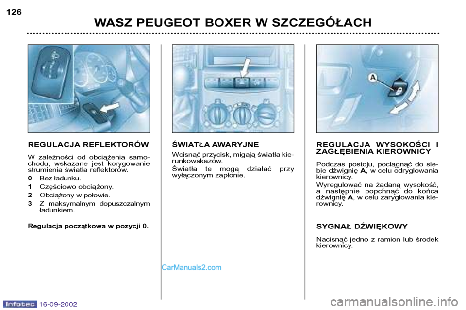 Peugeot Boxer 2002.5  Instrukcja Obsługi (in Polish) 16-09-2002
WASZ PEUGEOT BOXER W SZCZEGÓŁACH
126
REGULACJA REFLEKTORÓW 
W  zależności  od  obciążenia  samo- 
chodu,  wskazane  jest  korygowanie
strumienia światła reflektorów. 0 
Bez ładun