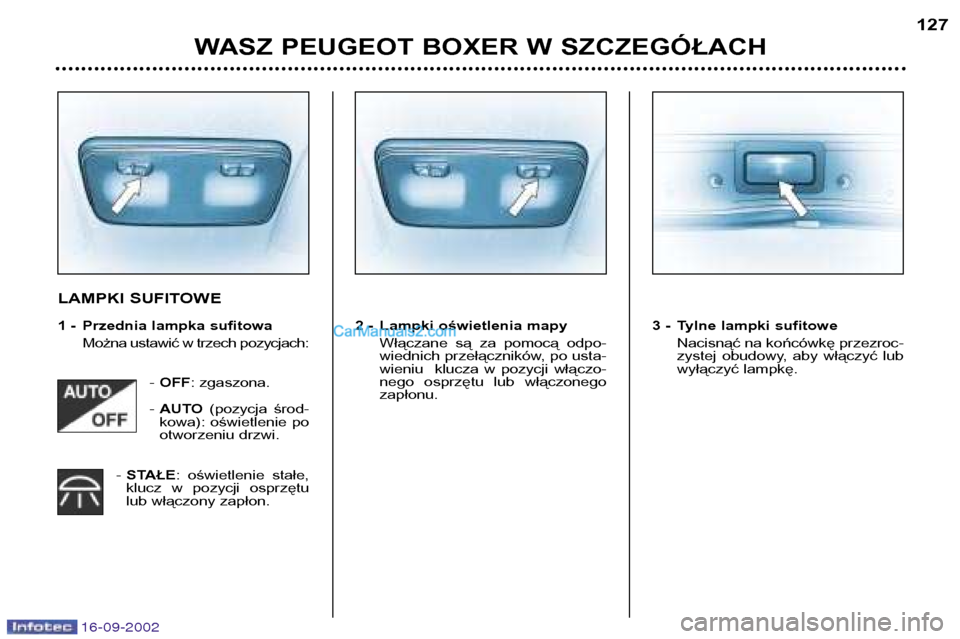 Peugeot Boxer 2002.5  Instrukcja Obsługi (in Polish) 16-09-2002
WASZ PEUGEOT BOXER W SZCZEGÓŁACH127
LAMPKI SUFITOWE 
1 - Przednia lampka sufitowa
Można ustawić w trzech pozycjach:
- OFF : zgaszona.
-  AUTO (pozycja  środ-
kowa):  oświetlenie  po 
