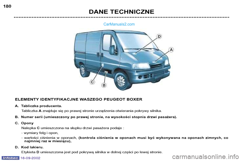 Peugeot Boxer 2002.5  Instrukcja Obsługi (in Polish) 16-09-2002
DANE TECHNICZNE
180
ELEMENTY IDENTYFIKACJNE WASZEGO PEUGEOT BOXER 
A. Tabliczka producenta.Tabliczka  Aznajduje się po prawej stronie urządzenia otwierania pokrywy silnika.
B. Numer serii