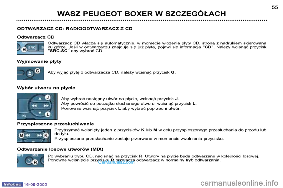 Peugeot Boxer 2002.5  Instrukcja Obsługi (in Polish) 16-09-2002
WASZ PEUGEOT BOXER W SZCZEGÓŁACH55
ODTWARZACZ CD: RADIOODTWARZACZ Z CD 
Odtwarzacz CD Odtwarzacz  CD  włącza  się  automatycznie,  w  momecie  włożenia  płyty  CD,  stroną  z  nadr