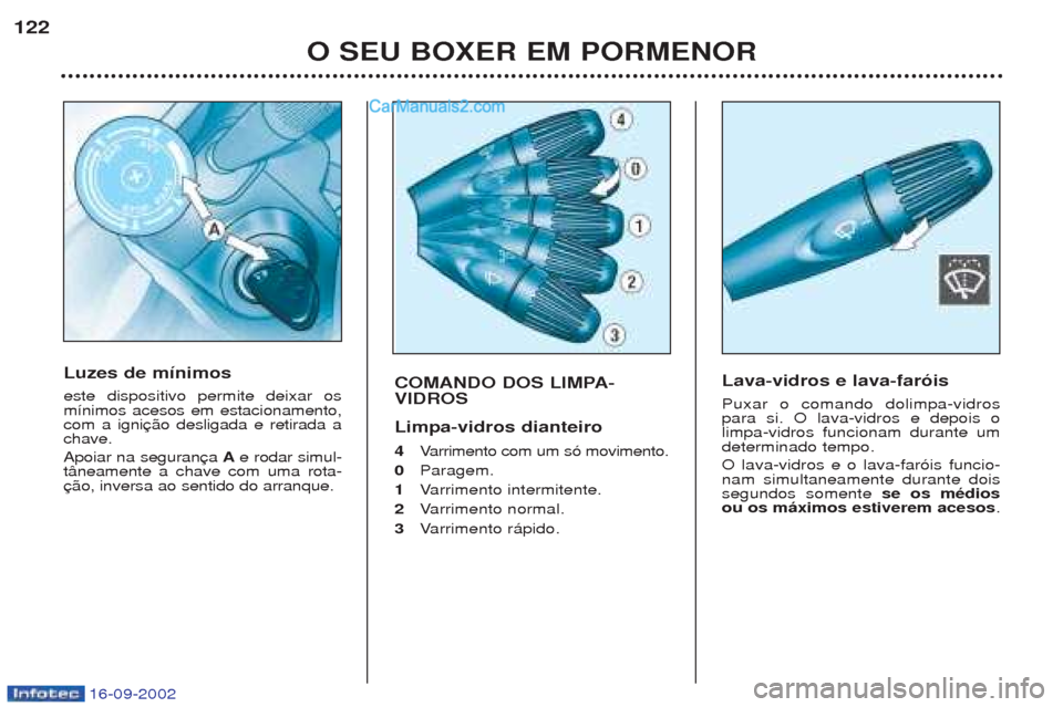 Peugeot Boxer 2002.5  Manual do proprietário (in Portuguese) 16-09-2002
O SEU BOXER EM PORMENOR
122
COMANDO DOS LIMPA- VIDROS Limpa-vidros dianteiro 4
Varrimento com um s— movimento.
0 Paragem.
1 Varrimento intermitente. 
2 Varrimento normal.
3 Varrimento r