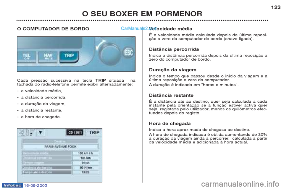 Peugeot Boxer 2002.5  Manual do proprietário (in Portuguese) O SEU BOXER EM PORMENOR123
O COMPUTADOR DE BORDO Cada press‹o sucessiva na tecla 
TRIPsituada  na
fachada do r‡dio-telefone permite exibir alternadamente: 
-a  velocidade mŽdia,
-a  dist‰ncia p