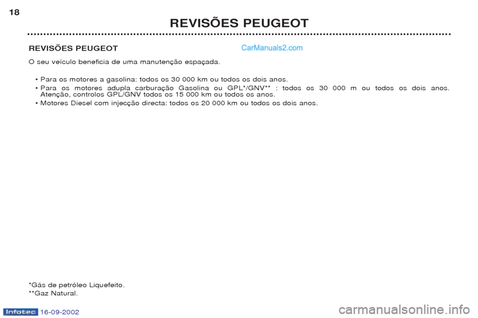 Peugeot Boxer 2002.5  Manual do proprietário (in Portuguese) 16-09-2002
REVISÕES PEUGEOT O seu ve’culo beneficia de uma manuten¥ Para os motores a gasolina: todos os 30 000 km ou todos os dois anos. 
¥ Para os motores adupla carburaAten
¥ Motores Diesel c