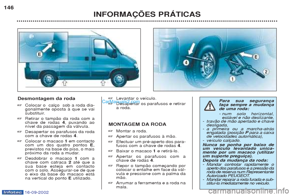 Peugeot Boxer 2002.5 Manual do proprietário (in Portuguese) 16-09-2002
Desmontagem da roda ☞Colocar o cal gonalmente oposta ˆ que se vai
substituir.
☞ Retirar o tamp‹o da roda com achave de rodas 4, puxando ao
n’vel da passagem da v‡lvula.
☞ Des Peugeot Boxer 2002.5 Manual do proprietário (in Portuguese) 16-09-2002
Desmontagem da roda ☞Colocar o cal gonalmente oposta ˆ que se vai
substituir.
☞ Retirar o tamp‹o da roda com achave de rodas 4, puxando ao
n’vel da passagem da v‡lvula.
☞ Des