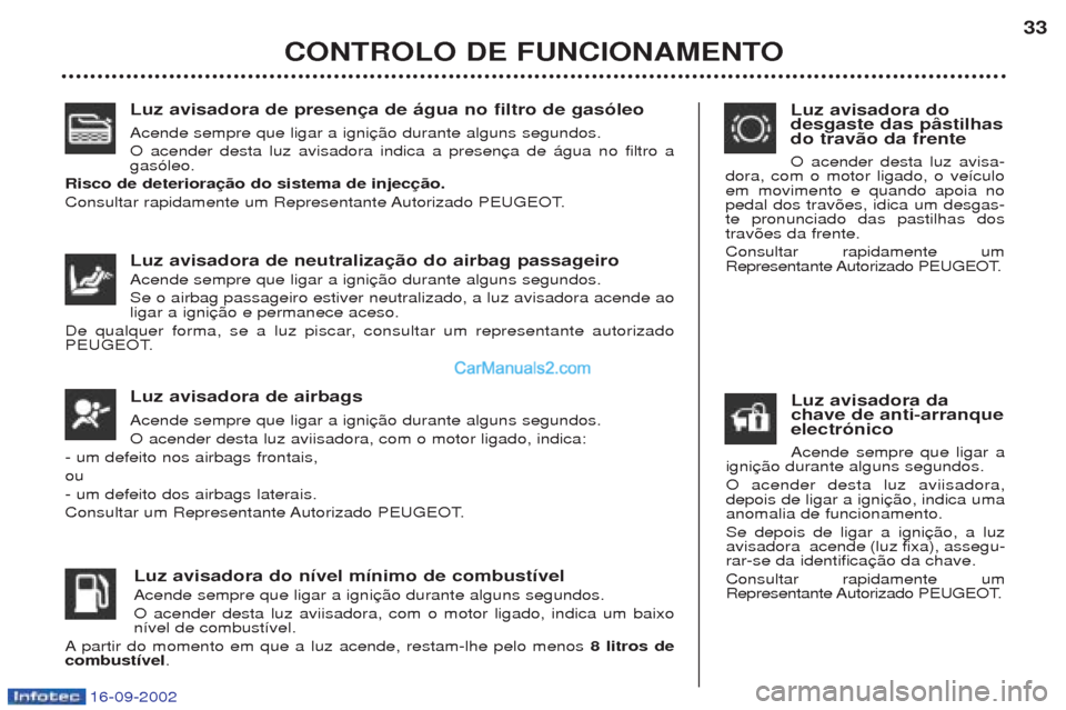Peugeot Boxer 2002.5 Manual do proprietário (in Portuguese) 16-09-2002
Luz avisadora de presença de água no filtro de gasóleo Acende sempre que ligar a igni O acender desta luz avisadora indica a presen gas—leo.
Risco de deterioração do sistema de injec Peugeot Boxer 2002.5 Manual do proprietário (in Portuguese) 16-09-2002
Luz avisadora de presença de água no filtro de gasóleo Acende sempre que ligar a igni O acender desta luz avisadora indica a presen gas—leo.
Risco de deterioração do sistema de injec