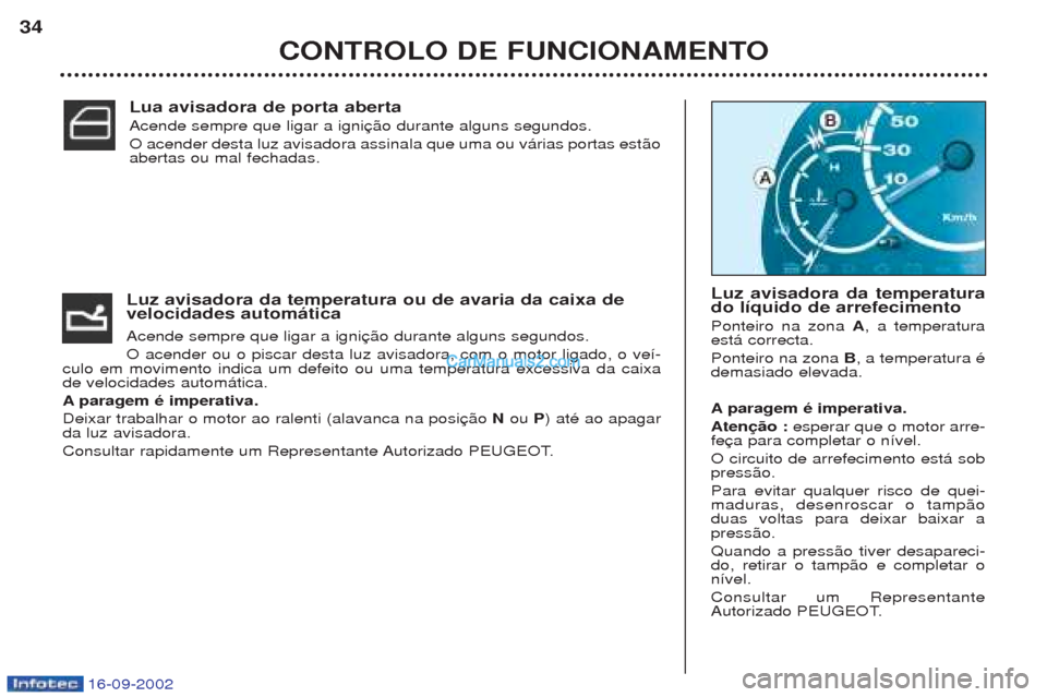 Peugeot Boxer 2002.5 Manual do proprietário (in Portuguese) 16-09-2002
Luz avisadora da temperatura ou de avaria da caixa de velocidades automática Acende sempre que ligar a igni O acender ou o piscar desta luz avisadora, com o motor ligado, o ve’-
culo em Peugeot Boxer 2002.5 Manual do proprietário (in Portuguese) 16-09-2002
Luz avisadora da temperatura ou de avaria da caixa de velocidades automática Acende sempre que ligar a igni O acender ou o piscar desta luz avisadora, com o motor ligado, o ve’-
culo em