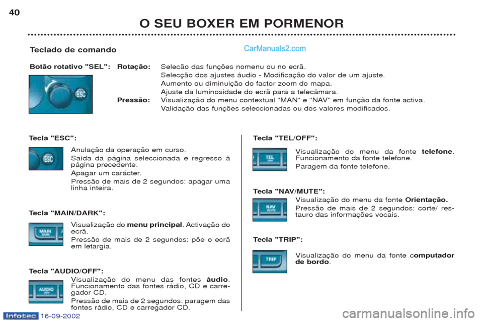 Peugeot Boxer 2002.5  Manual do proprietário (in Portuguese) 16-09-2002
Teclado de comando
Botão rotativo "SEL": Rotação: Selec‹o das fun SelecAumento ou diminuiAjuste da luminosidade do ecr‹ para a telec‰mara.
Pressão:  Visualiza
V alida
T ecla "ESC"