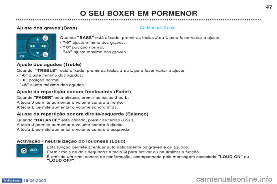 Peugeot Boxer 2002.5 Manual do proprietário (in Portuguese) 16-09-2002
O SEU BOXER EM PORMENOR47
Ajuste dos graves (Bass) Quando "BASS" est‡ afixado, premir as teclas Jou Lpara fazer variar o ajuste.
- "-6" ajuste m’nimo dos graves,
- " 0" posi
- "+6" Peugeot Boxer 2002.5 Manual do proprietário (in Portuguese) 16-09-2002
O SEU BOXER EM PORMENOR47
Ajuste dos graves (Bass) Quando "BASS" est‡ afixado, premir as teclas Jou Lpara fazer variar o ajuste.
- "-6" ajuste m’nimo dos graves,
- " 0" posi
- "+6"