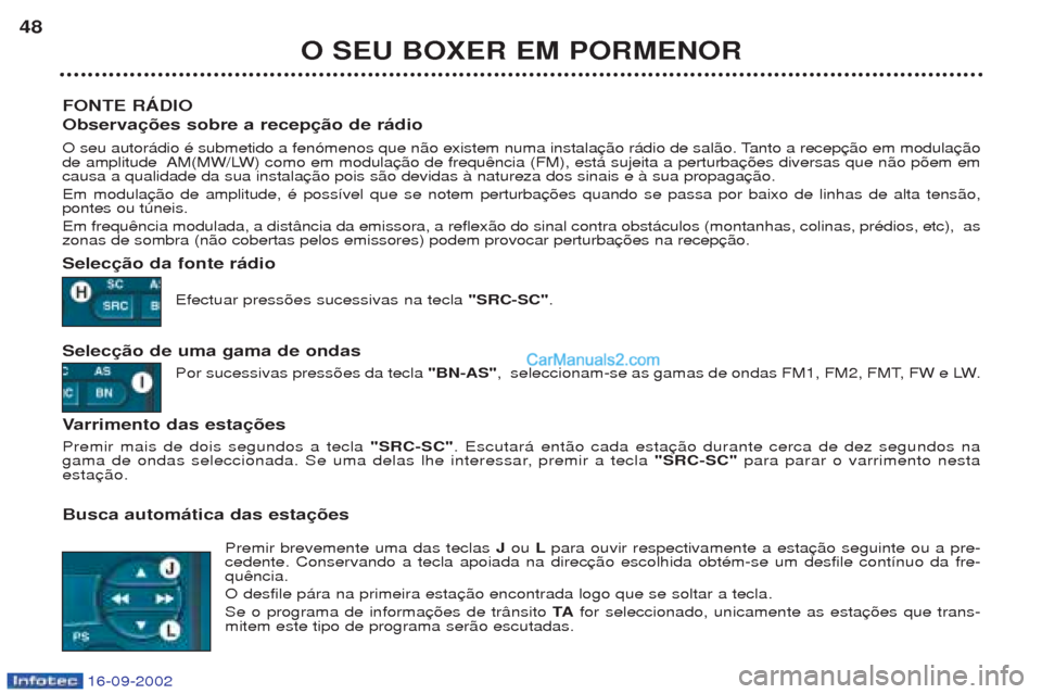 Peugeot Boxer 2002.5 Manual do proprietário (in Portuguese) 16-09-2002
O SEU BOXER EM PORMENOR
48
FONTE RÁDIO Observações sobre a recepção de rádio
O seu autor‡dio Ž submetido a fen—menos que n‹o existem numa instala
de amplitude AM(MW/LW) como Peugeot Boxer 2002.5 Manual do proprietário (in Portuguese) 16-09-2002
O SEU BOXER EM PORMENOR
48
FONTE RÁDIO Observações sobre a recepção de rádio
O seu autor‡dio Ž submetido a fen—menos que n‹o existem numa instala
de amplitude AM(MW/LW) como
