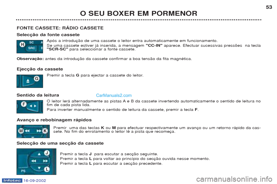Peugeot Boxer 2002.5  Manual do proprietário (in Portuguese) 16-09-2002
O SEU BOXER EM PORMENOR53
FONTE CASSETE: RÁDIO CASSETE  Selecção da fonte cassete Ap—s a introdu Se uma cassete estiver j‡ inserida, a mensagem  "CC-IN"aparece. Efectuar sucessivas p