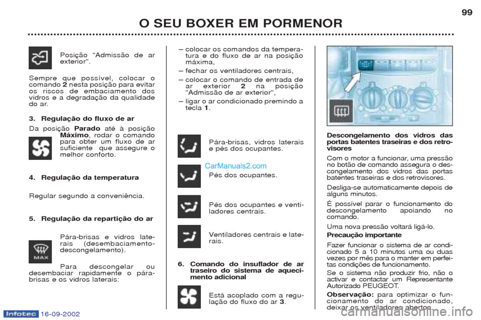 Peugeot Boxer 2002.5 Manual do proprietário (in Portuguese) 16-09-2002
O SEU BOXER EM PORMENOR99
P‡ra-brisas, vidros laterais e pŽs dos ocupantes. PŽs dos ocupantes. PŽs dos ocupantes e venti- ladores centrais. V entiladores centrais e late-
rais.
6. Coma Peugeot Boxer 2002.5 Manual do proprietário (in Portuguese) 16-09-2002
O SEU BOXER EM PORMENOR99
P‡ra-brisas, vidros laterais e pŽs dos ocupantes. PŽs dos ocupantes. PŽs dos ocupantes e venti- ladores centrais. V entiladores centrais e late-
rais.
6. Coma