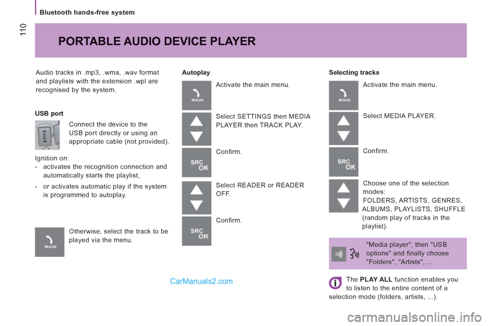 Peugeot Boxer Benne 2012 Owners Manual 11
0
Bluetooth hands-free system
Audio tracks in .mp3, .wma, .wav format
and playlists with the extension .wpl are
recognised by the system.
Selecting tracks
PORTABLE AUDIO DEVICE PL Peugeot Boxer Benne 2012 Owners Manual 11
0
Bluetooth hands-free system
Audio tracks in .mp3, .wma, .wav format
and playlists with the extension .wpl are
recognised by the system.
Selecting tracks
PORTABLE AUDIO DEVICE PL