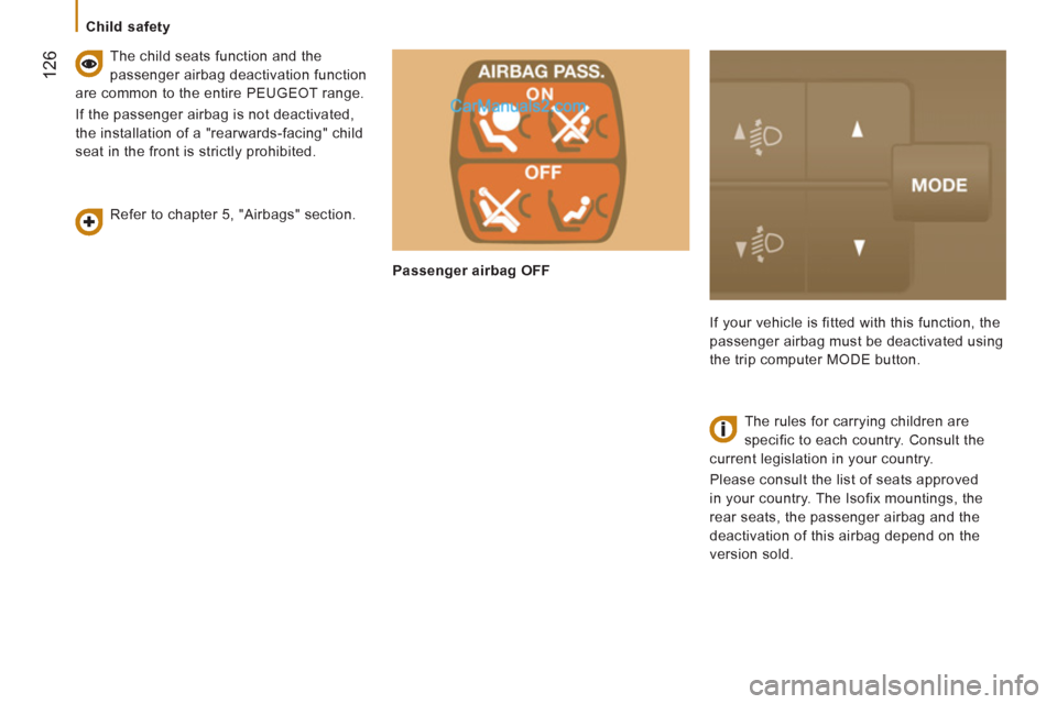 Peugeot Boxer Benne 2012  Owners Manual 12
6
   
 
Child safety  
 
   
Refer to chapter 5, "Airbags" section.      
The child seats function and the 
passenger airbag deactivation function 
are common to the entire PEUGEOT range. 
  If the