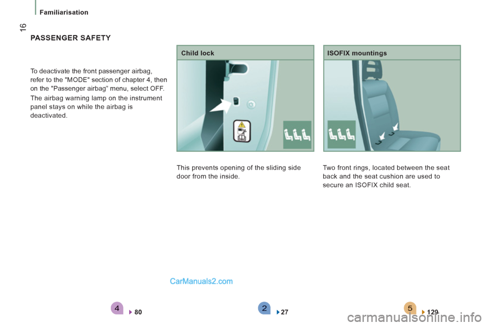 Peugeot Boxer Benne 2012  Owners Manual 542
16
Familiarisation
  Two front rings, located between the seat 
back and the seat cushion are used to 
secure an ISOFIX child seat.    
ISOFIX mountings 
   
129  
 
 
 
 
PASSENGER SAFETY 
 
 
 
