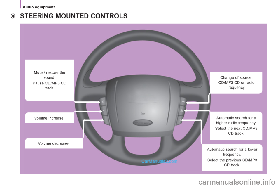 Peugeot Boxer Benne 2012  Owners Manual    
 
Audio equipment  
 
90 
STEERING MOUNTED CONTROLS
 
 
 
 
 
 
 
 
Change of source: 
CD/MP3 CD or radio 
frequency.  
   
Automatic search for a 
higher radio frequency. 
  Select the next CD/MP