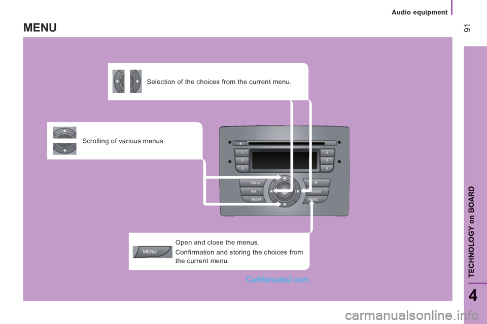 Peugeot Boxer Benne 2012  Owners Manual Audio equipment
91
4
TECHNOLOGY 
on
BOAR
D
   
Open and close the menus. 
  Confirmation and storing the choices from 
the current menu.  
     
Scrolling of various menus.      
 
Selection of the ch