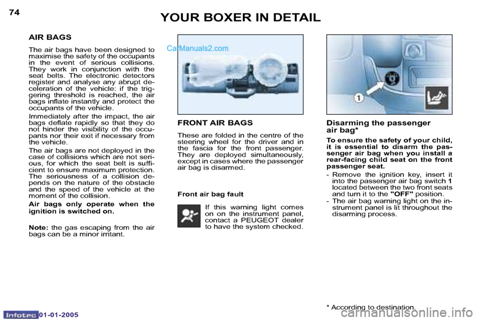 Peugeot Boxer Dag 2005  Owners Manual �7�4
�0�1�-�0�1�-�2�0�0�5
�7�5
�0�1�-�0�1�-�2�0�0�5
�A�I�R� �B�A�G�S
�T�h�e� �a�i�r� �b�a�g�s� �h�a�v�e� �b�e�e�n� �d�e�s�i�g�n�e�d� �t�o� 
�m�a�x�i�m�i�s�e� �t�h�e� �s�a�f�e�t�y� �o�f� �t�h�e� �o�c�c