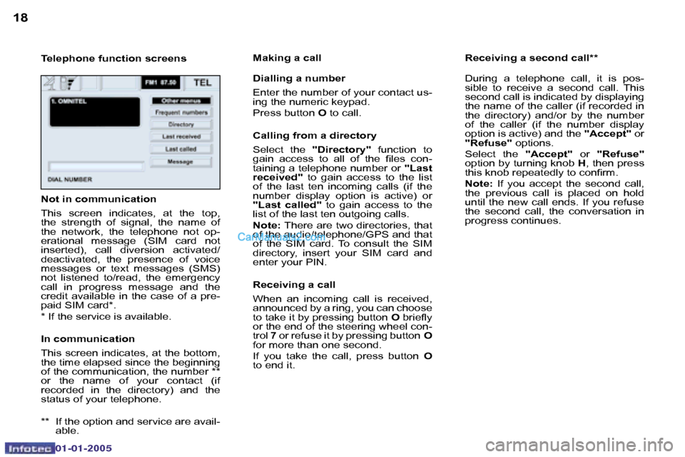 Peugeot Boxer Dag 2005  Owners Manual �1�8�1�9
�0�2�-�0�8�-�2�0�0�4
�T�e�l�e�p�h�o�n�e� �f�u�n�c�t�i�o�n� �s�c�r�e�e�n�s�M�a�k�i�n�g� �a� �c�a�l�l 
�D�i�a�l�l�i�n�g� �a� �n�u�m�b�e�r 
�E�n�t�e�r� �t�h�e� �n�u�m�b�e�r� �o�f� �y�o�u�r� �c�o