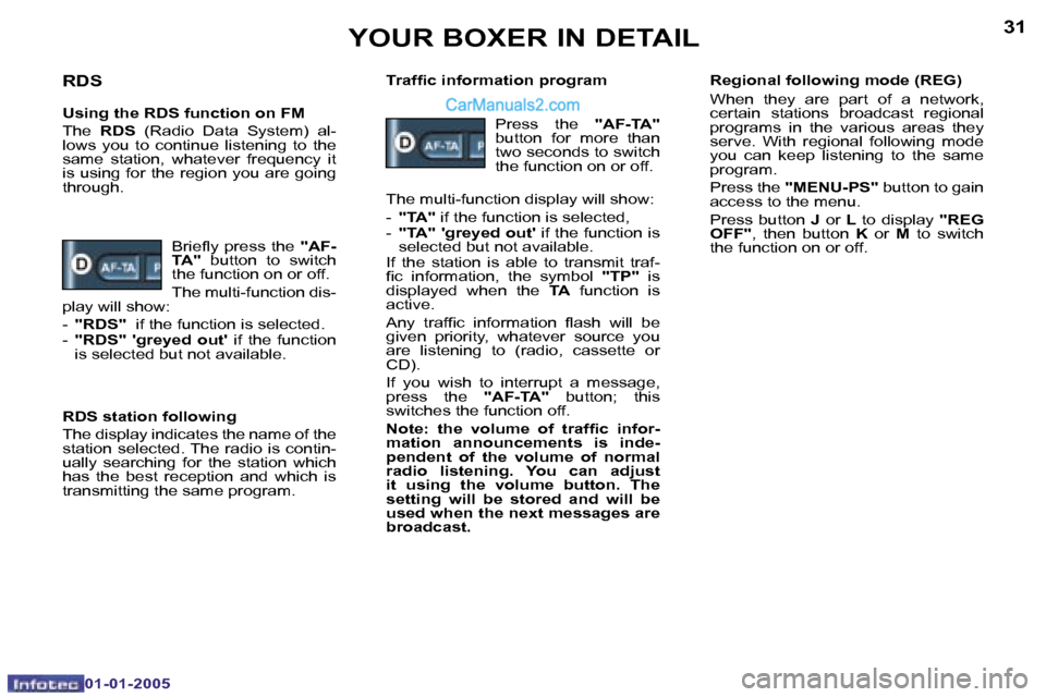 Peugeot Boxer Dag 2005  Owners Manual �3�0
�0�1�-�0�1�-�2�0�0�5
�3�1
�0�1�-�0�1�-�2�0�0�5
�R�D�S
�U�s�i�n�g� �t�h�e� �R�D�S� �f�u�n�c�t�i�o�n� �o�n� �F�M 
�T�h�e� �R�D�S�  �(�R�a�d�i�o�  �D�a�t�a�  �S�y�s�t�e�m�)�  �a�l�-
�l�o�w�s�  �y�o�