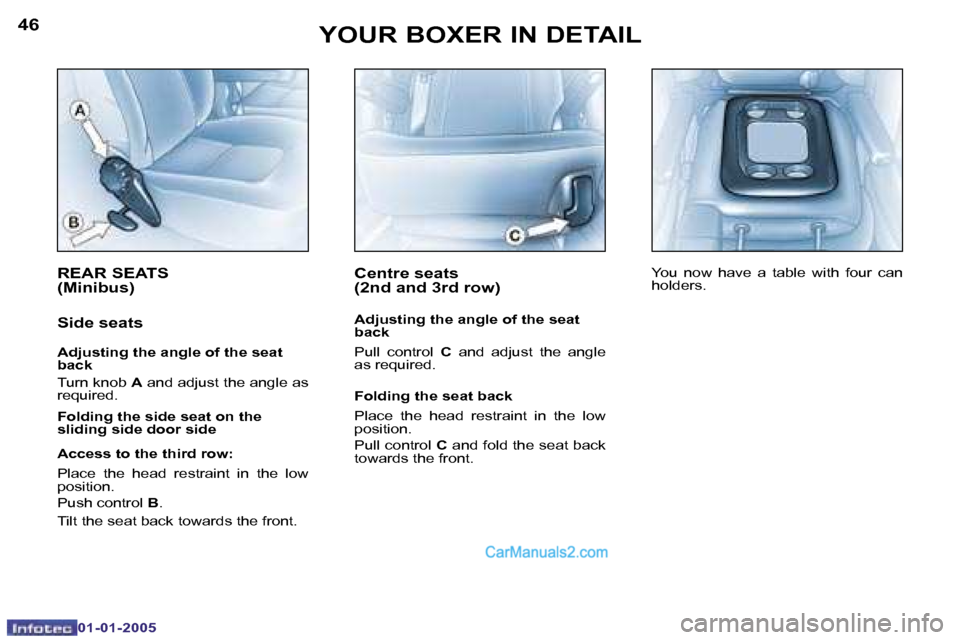Peugeot Boxer Dag 2005  Owners Manual �4�6
�0�1�-�0�1�-�2�0�0�5
�4�7
�0�1�-�0�1�-�2�0�0�5
�R�E�A�R� �S�E�A�T�S�  
�(�M�i�n�i�b�u�s�)
�S�i�d�e� �s�e�a�t�s
�A�d�j�u�s�t�i�n�g� �t�h�e� �a�n�g�l�e� �o�f� �t�h�e� �s�e�a�t�  
�b�a�c�k 
�T�u�r�n