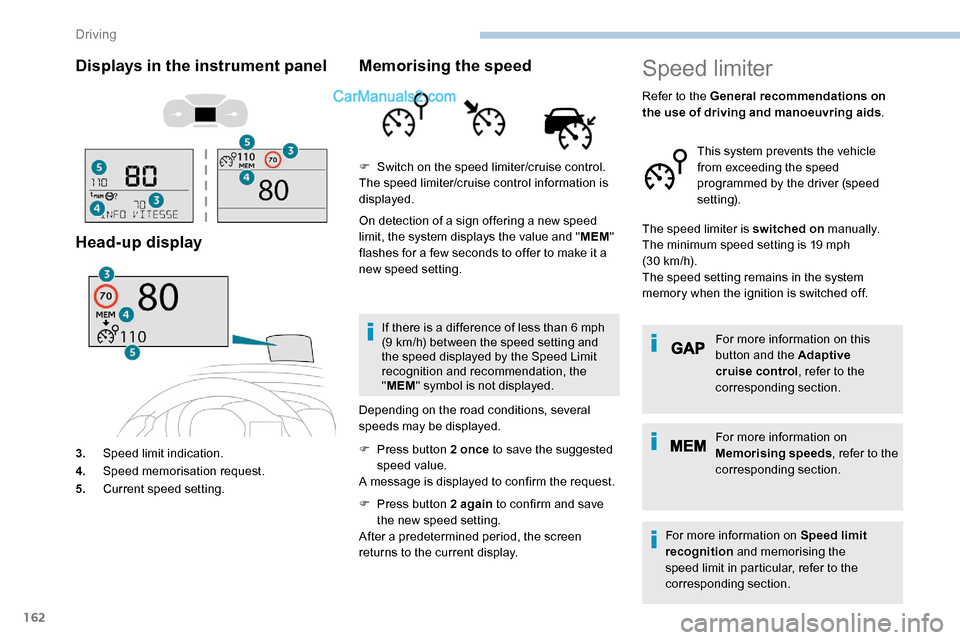 Peugeot Expert 2019 Owners Manual 162
Displays in the instrument panel
Head-up display
3.Speed limit indication.
4. Speed memorisation request.
5. Current speed setting.
Memorising the speed
On detection of a sign offering a new speed Peugeot Expert 2019 Owners Manual 162
Displays in the instrument panel
Head-up display
3.Speed limit indication.
4. Speed memorisation request.
5. Current speed setting.
Memorising the speed
On detection of a sign offering a new speed