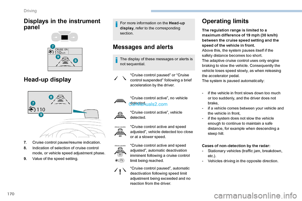 Peugeot Expert 2019 Owners Manual 170
For more information on the Head-up
display, refer to the corresponding
section.
Messages and alerts
The display of these messages or alerts is
not sequential.
Operating limits
“Cruise contro Peugeot Expert 2019 Owners Manual 170
For more information on the Head-up
display, refer to the corresponding
section.
Messages and alerts
The display of these messages or alerts is
not sequential.
Operating limits
“Cruise contro