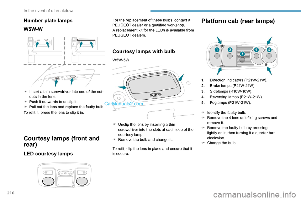 Peugeot Expert 2019 Owners Manual 216
Number plate lamps
W5W-W
F Insert a thin screwdriver into one of the cut-outs in the lens.
F
P
ush it outwards to unclip it.
F
P
ull out the lens and replace the faulty bulb.
To refit it, pr Peugeot Expert 2019 Owners Manual 216
Number plate lamps
W5W-W
F Insert a thin screwdriver into one of the cut-outs in the lens.
F
P
ush it outwards to unclip it.
F
P
ull out the lens and replace the faulty bulb.
To refit it, pr