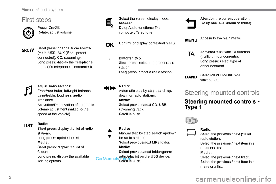 Peugeot Expert 2019 Owners Manual 2
First steps
Press: On/Off.
Rotate: adjust volume.
Short press: change audio source
(radio; USB; AUX (if equipment
connected); CD; streaming).
Long press: display the Telephone
menu (if a telephon Peugeot Expert 2019 Owners Manual 2
First steps
Press: On/Off.
Rotate: adjust volume.
Short press: change audio source
(radio; USB; AUX (if equipment
connected); CD; streaming).
Long press: display the Telephone
menu (if a telephon