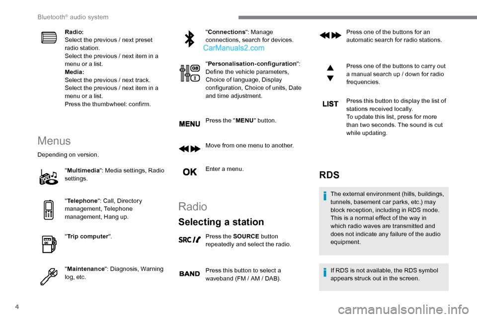 Peugeot Expert 2019 Owners Manual 4
Radio:
Select the previous / next preset
radio station.
Select the previous / next item in a
menu or a list.
Media:
Select the previous / next track.
Select the previous / next item in a
menu or Peugeot Expert 2019 Owners Manual 4
Radio:
Select the previous / next preset
radio station.
Select the previous / next item in a
menu or a list.
Media:
Select the previous / next track.
Select the previous / next item in a
menu or