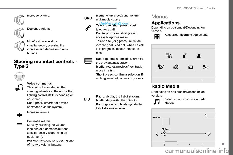 Peugeot Expert 2019 Owners Manual 3
Increase volume.
Decrease volume.
Mute/restore sound by
simultaneously pressing the
increase and decrease volume
buttons.
Steering mounted controls -
Ty p e 2
Voice commands :
This control is l Peugeot Expert 2019 Owners Manual 3
Increase volume.
Decrease volume.
Mute/restore sound by
simultaneously pressing the
increase and decrease volume
buttons.
Steering mounted controls -
Ty p e 2
Voice commands :
This control is l