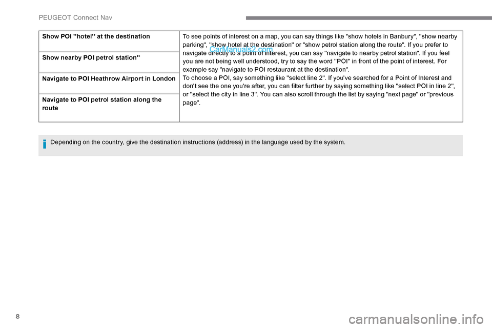 Peugeot Expert 2019  Owners Manual 8
Show POI hotel at the destinationTo see points of interest on a map, you can say things like "show hotels in Banbury", "show nearby 
parking", "show hotel at the destination" or "show petrol sta