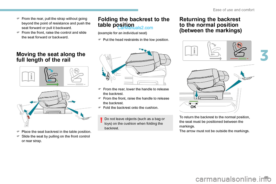 Peugeot Expert 2019  Owners Manual 69
F From the rear, pull the strap without going beyond the point of resistance and push the 
seat for ward or pull it backward.
F
 
F
 rom the front, raise the control and slide 
the seat for ward or