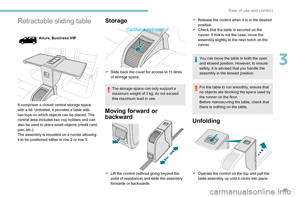 Peugeot Expert 2019 Owners Manual 83
Retractable sliding table
Allure, Business VIP
It comprises a closed central storage space
with a lid. Unfolded, it provides a table with
two tops on which objects can be placed. The
central are Peugeot Expert 2019 Owners Manual 83
Retractable sliding table
Allure, Business VIP
It comprises a closed central storage space
with a lid. Unfolded, it provides a table with
two tops on which objects can be placed. The
central are