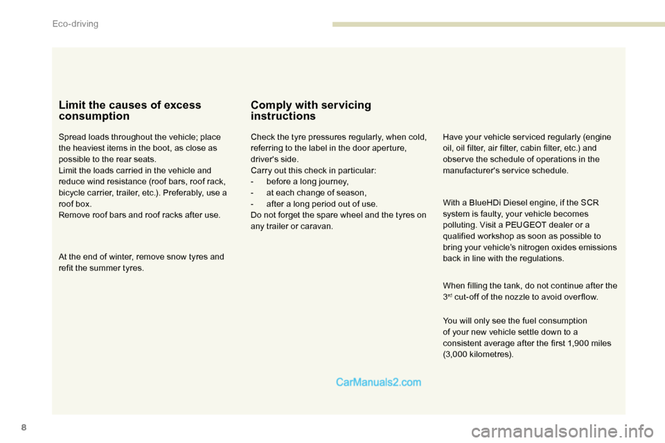 Peugeot Expert 2019 Owners Manual 8
Limit the causes of excess
consumption
Spread loads throughout the vehicle; place
the heaviest items in the boot, as close as
possible to the rear seats.
Limit the loads carried in the vehicle an Peugeot Expert 2019 Owners Manual 8
Limit the causes of excess
consumption
Spread loads throughout the vehicle; place
the heaviest items in the boot, as close as
possible to the rear seats.
Limit the loads carried in the vehicle an