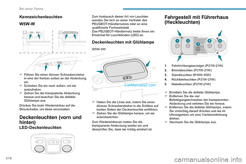 Peugeot Expert 2019 Betriebsanleitung (in German) 216
Kennzeichenleuchten
W5W-W
F Führen Sie einen dünnen Schraubenzieher in eine der Kerben außen an der Abdeckung
ein.
F
S
chieben Sie sie nach außen, um sie
auszuhaken.
F
Z
iehen Sie die Peugeot Expert 2019 Betriebsanleitung (in German) 216
Kennzeichenleuchten
W5W-W
F Führen Sie einen dünnen Schraubenzieher in eine der Kerben außen an der Abdeckung
ein.
F
S
chieben Sie sie nach außen, um sie
auszuhaken.
F
Z
iehen Sie die