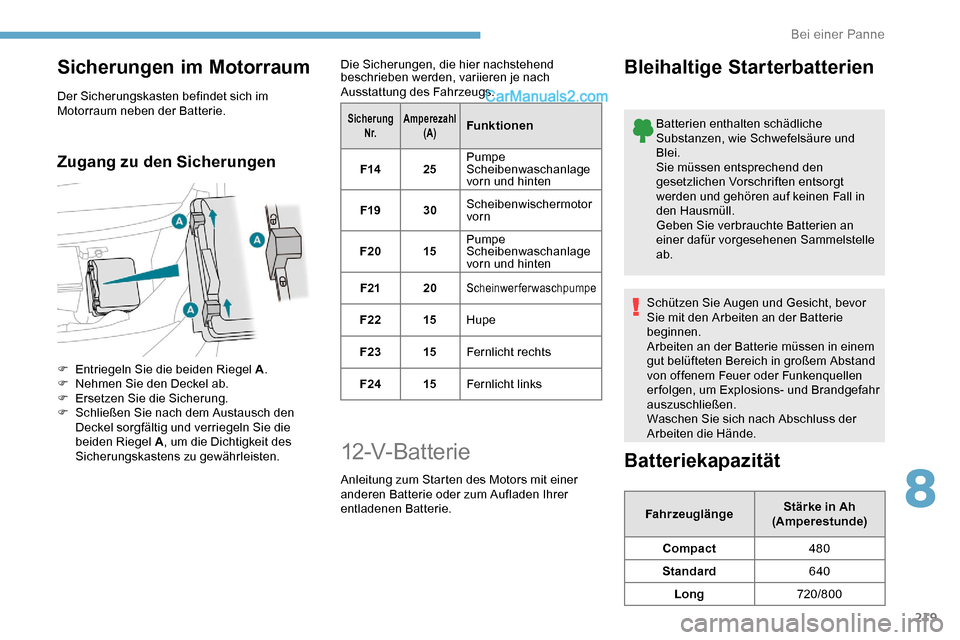 Peugeot Expert 2019 Betriebsanleitung (in German) 219
Sicherungen im Motorraum
Der Sicherungskasten befindet sich im
Motorraum neben der Batterie.
Zugang zu den Sicherungen
F Entriegeln Sie die beiden Riegel A.
F N ehmen Sie den Deckel ab.
F
E
r Peugeot Expert 2019 Betriebsanleitung (in German) 219
Sicherungen im Motorraum
Der Sicherungskasten befindet sich im
Motorraum neben der Batterie.
Zugang zu den Sicherungen
F Entriegeln Sie die beiden Riegel A.
F N ehmen Sie den Deckel ab.
F
E
r
