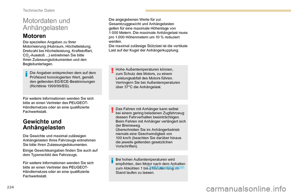 Peugeot Expert 2019 Betriebsanleitung (in German) 224
Motordaten und
Anhängelasten
Motoren
Die speziellen Angaben zu Ihrer
Motorisierung (Hubraum, Höchstleistung,
Drehzahl bei Höchstleistung, Kraftstoffart,
CO
2-Ausstoß ...) entnehmen Sie bit Peugeot Expert 2019 Betriebsanleitung (in German) 224
Motordaten und
Anhängelasten
Motoren
Die speziellen Angaben zu Ihrer
Motorisierung (Hubraum, Höchstleistung,
Drehzahl bei Höchstleistung, Kraftstoffart,
CO
2-Ausstoß ...) entnehmen Sie bit