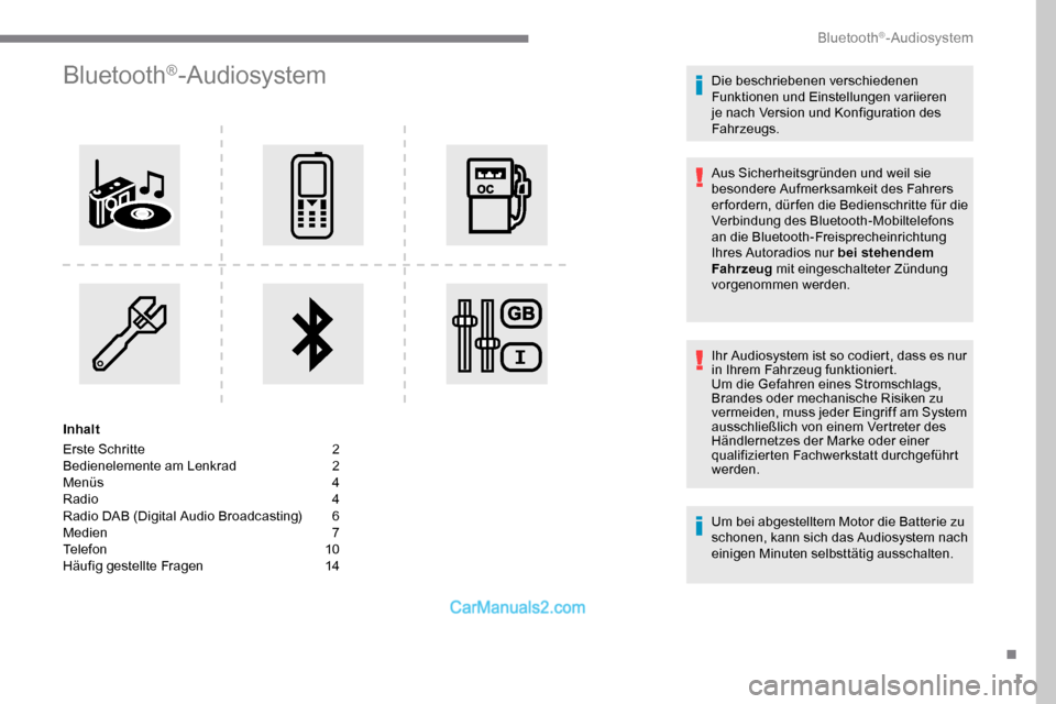 Peugeot Expert 2019 Betriebsanleitung (in German) 1
Bluetooth®-Audiosystem
Inhalt
Erste Schritte
2
B
edienelemente am Lenkrad
2
M
enüs
4
R
adio
4
R
adio DAB (Digital Audio Broadcasting)
6
M
edien
7
T
elefon
1
0
Häufig ge Peugeot Expert 2019 Betriebsanleitung (in German) 1
Bluetooth®-Audiosystem
Inhalt
Erste Schritte
2
B
edienelemente am Lenkrad
2
M
enüs
4
R
adio
4
R
adio DAB (Digital Audio Broadcasting)
6
M
edien
7
T
elefon
1
0
Häufig ge