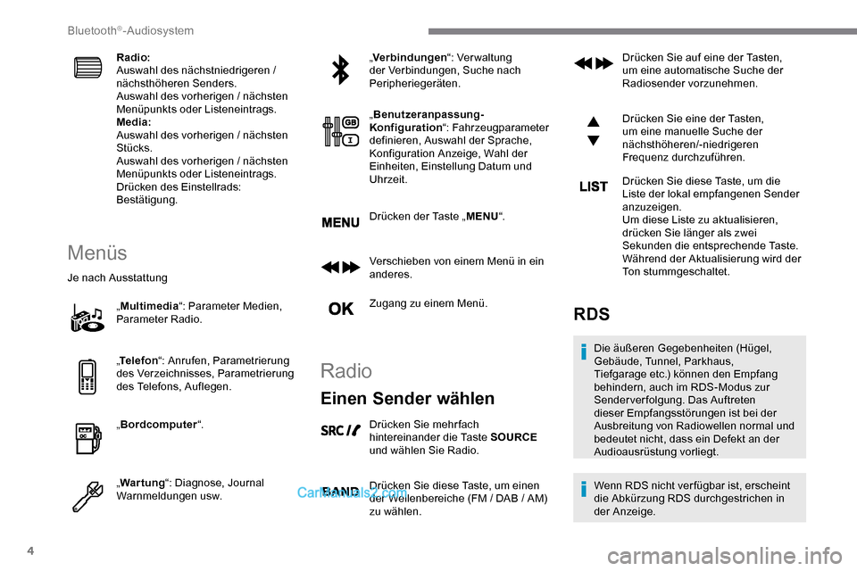Peugeot Expert 2019 Betriebsanleitung (in German) 4
Radio:
Auswahl des nächstniedrigeren /
nächsthöheren Senders.
Auswahl des vorherigen / nächsten
Menüpunkts oder Listeneintrags.
Media:
Auswahl des vorherigen / nächsten
Stücks.
Auswahl des Peugeot Expert 2019 Betriebsanleitung (in German) 4
Radio:
Auswahl des nächstniedrigeren /
nächsthöheren Senders.
Auswahl des vorherigen / nächsten
Menüpunkts oder Listeneintrags.
Media:
Auswahl des vorherigen / nächsten
Stücks.
Auswahl des