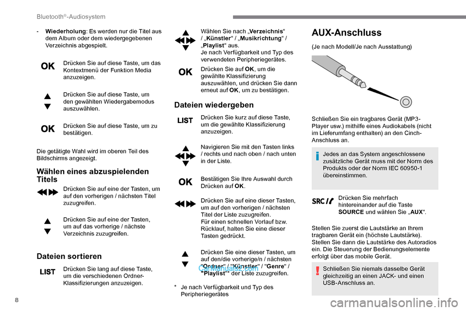 Peugeot Expert 2019 Betriebsanleitung (in German) 8
- Wiederholung: Es werden nur die Titel aus
dem Album oder dem wiedergegebenen
Verzeichnis abgespielt.
Drücken Sie auf diese Taste, um das
Kontextmenü der Funktion Media
anzuzeigen.
Drücken S Peugeot Expert 2019 Betriebsanleitung (in German) 8
- Wiederholung: Es werden nur die Titel aus
dem Album oder dem wiedergegebenen
Verzeichnis abgespielt.
Drücken Sie auf diese Taste, um das
Kontextmenü der Funktion Media
anzuzeigen.
Drücken S