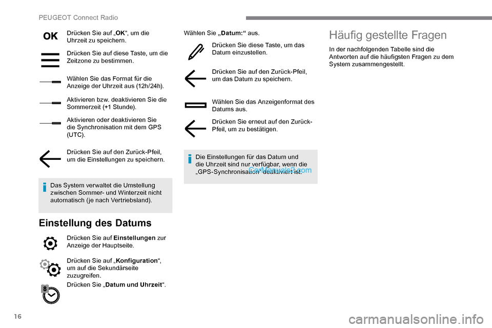 Peugeot Expert 2019 Betriebsanleitung (in German) 16
Drücken Sie auf „OK“, um die
Uhrzeit zu speichern.
Drücken Sie auf diese Taste, um die
Zeitzone zu bestimmen.
Wählen Sie das Format für die
Anzeige der Uhrzeit aus (12h/24h).
Aktivieren Peugeot Expert 2019 Betriebsanleitung (in German) 16
Drücken Sie auf „OK“, um die
Uhrzeit zu speichern.
Drücken Sie auf diese Taste, um die
Zeitzone zu bestimmen.
Wählen Sie das Format für die
Anzeige der Uhrzeit aus (12h/24h).
Aktivieren
