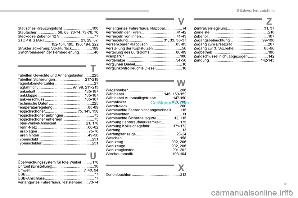 Peugeot Expert 2019  Betriebsanleitung (in German) 237
Tabellen Gewichte und Anhängelasten ........225
Tabellen Sicherungen ............................ 21
7-219
Tageskilometerzähler
 

..................................... 27
Tagfahrlicht
 

......