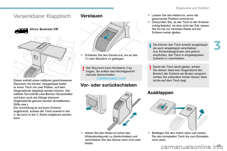 Peugeot Expert 2019 Betriebsanleitung (in German) 83
Versenkbarer Klapptisch
Allure, Business VIP
Dieser enthält einen mittleren geschlossenen
Stauraum mit Deckel. Ausgeklappt bietet
er einen Tisch mit zwei Platten, auf dem
Gegenstände abgelegt Peugeot Expert 2019 Betriebsanleitung (in German) 83
Versenkbarer Klapptisch
Allure, Business VIP
Dieser enthält einen mittleren geschlossenen
Stauraum mit Deckel. Ausgeklappt bietet
er einen Tisch mit zwei Platten, auf dem
Gegenstände abgelegt