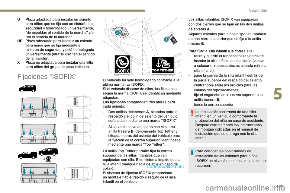 Peugeot Expert 2019  Manual del propietario (in Spanish) 129
UPlaza adaptada para instalar un asiento 
para niños que se fija con un cinturón de 
seguridad y homologado universalmente, 
"de espaldas al sentido de la marcha" y/o 
"en el sentido de la march