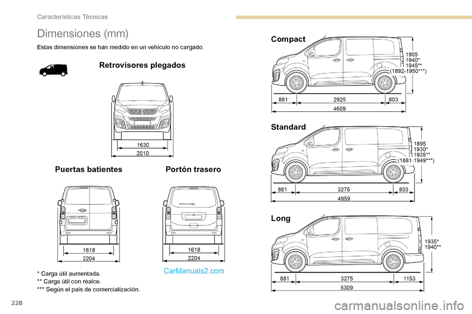Peugeot Expert 2019  Manual del propietario (in Spanish) 228
Dimensiones (mm)
Estas dimensiones se han medido en un vehículo no cargado.
Retrovisores plegados
Puertas batientes Portón traseroCompact
Standard
Long
* Carga útil aumentada.
** Carga útil co