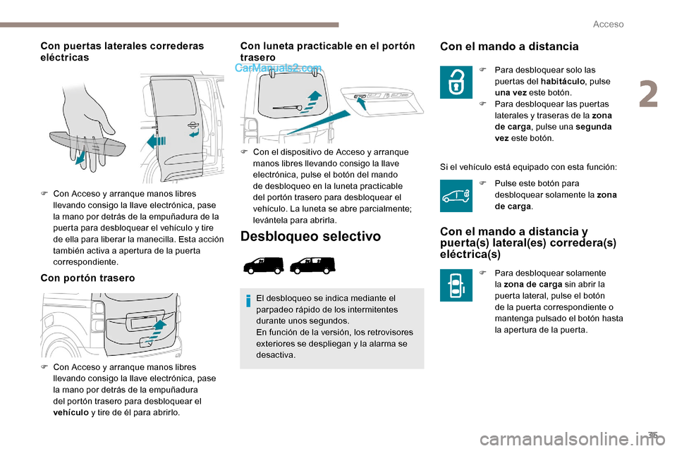 Peugeot Expert 2019 Manual del propietario (in Spanish) 35
Con puertas laterales correderas
eléctricas
Con portón traseroCon luneta practicable en el portón
trasero
F Con el dispositivo de Acceso y arranque
manos libres llevando consigo la llave
ele Peugeot Expert 2019 Manual del propietario (in Spanish) 35
Con puertas laterales correderas
eléctricas
Con portón traseroCon luneta practicable en el portón
trasero
F Con el dispositivo de Acceso y arranque
manos libres llevando consigo la llave
ele