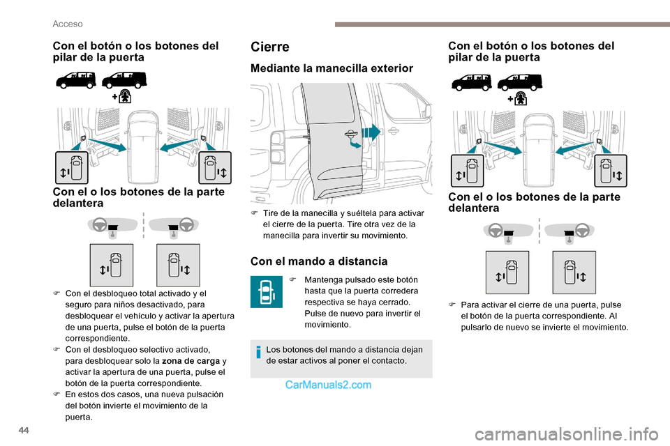 Peugeot Expert 2019 Manual del propietario (in Spanish) 44
Con el botón o los botones del
pilar de la puerta
Con el o los botones de la parte
delantera
F Con el desbloqueo total activado y el seguro para niños desactivado, para
desbloquear el vehícu Peugeot Expert 2019 Manual del propietario (in Spanish) 44
Con el botón o los botones del
pilar de la puerta
Con el o los botones de la parte
delantera
F Con el desbloqueo total activado y el seguro para niños desactivado, para
desbloquear el vehícu