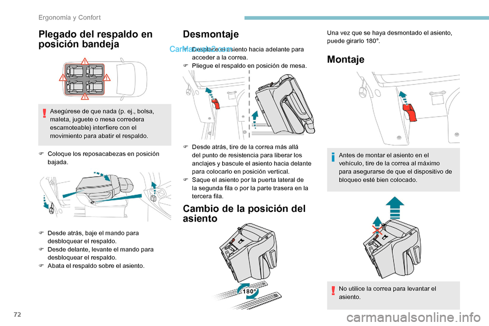 Peugeot Expert 2019 Manual del propietario (in Spanish) 72
Plegado del respaldo en
posición bandeja
Asegúrese de que nada (p. ej., bolsa,
m aleta, juguete o mesa corredera
escamoteable) inter fiere con el
movimiento para abatir el respaldo.
F
C
ol Peugeot Expert 2019 Manual del propietario (in Spanish) 72
Plegado del respaldo en
posición bandeja
Asegúrese de que nada (p. ej., bolsa,
m aleta, juguete o mesa corredera
escamoteable) inter fiere con el
movimiento para abatir el respaldo.
F
C
ol